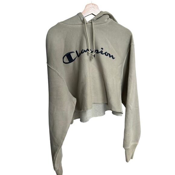 Champion Cropped Beige Hoodie Women’s Size L Large Logo - Picture 1 of 7
